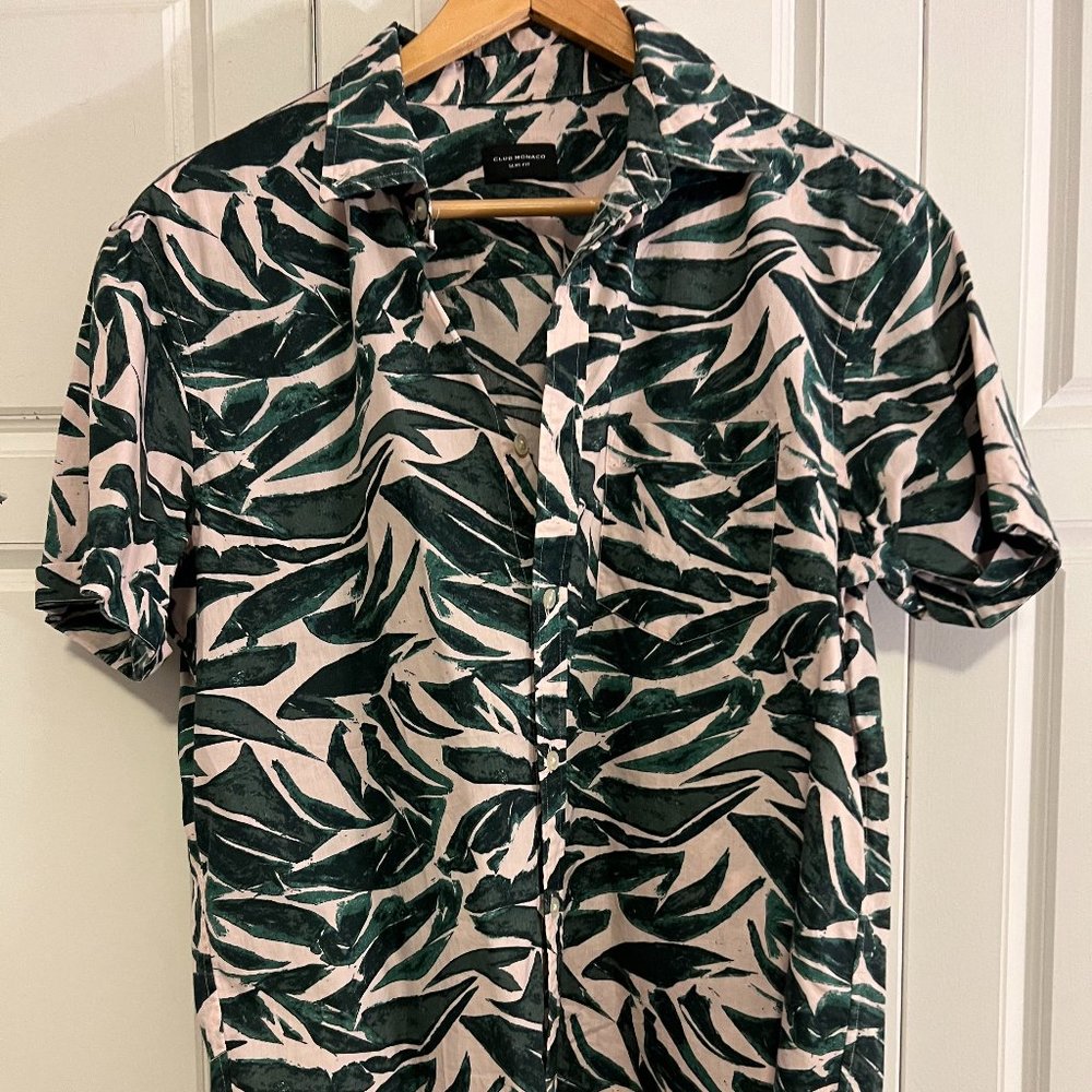 CLUB MONACO SHIRT - GREEN TROPICAL LEAVES - SLIM FIT (M)